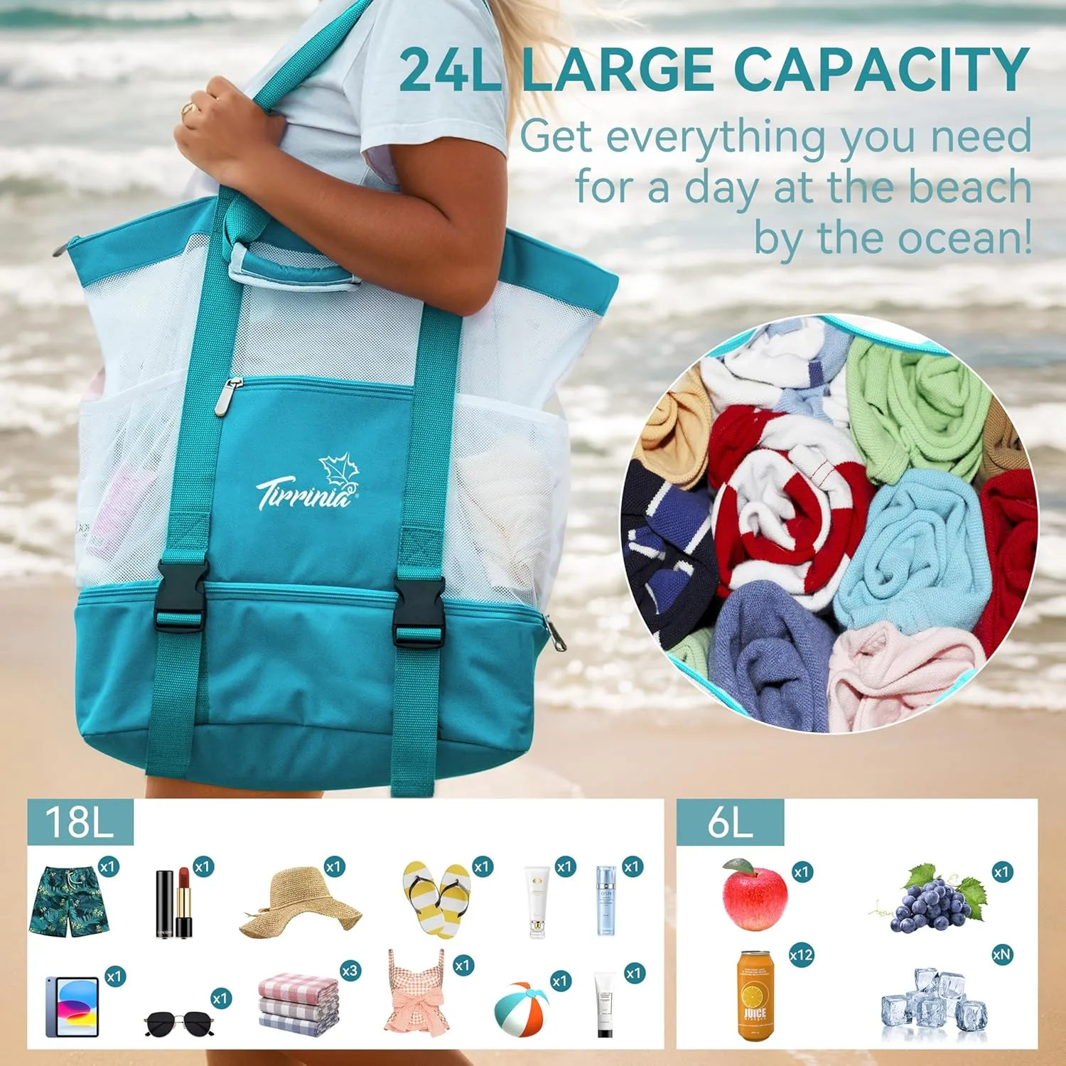 Tirrinia Mesh Beach Bag with Cooler Compartment, Extra Large Totes for Beach Travel, Functional Fashion Beach Bag for Women