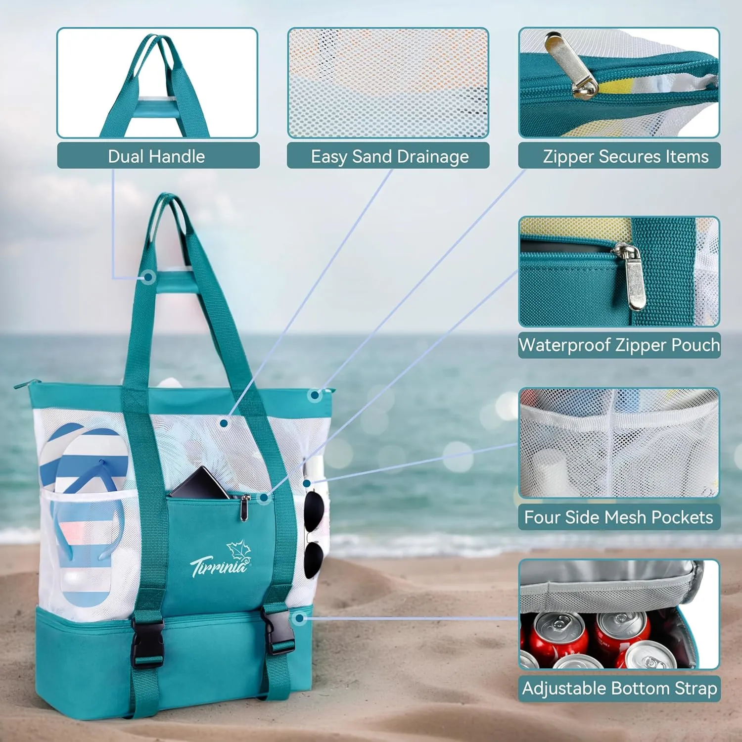Tirrinia Mesh Beach Bag with Cooler Compartment, Extra Large Totes for Beach Travel, Functional Fashion Beach Bag for Women