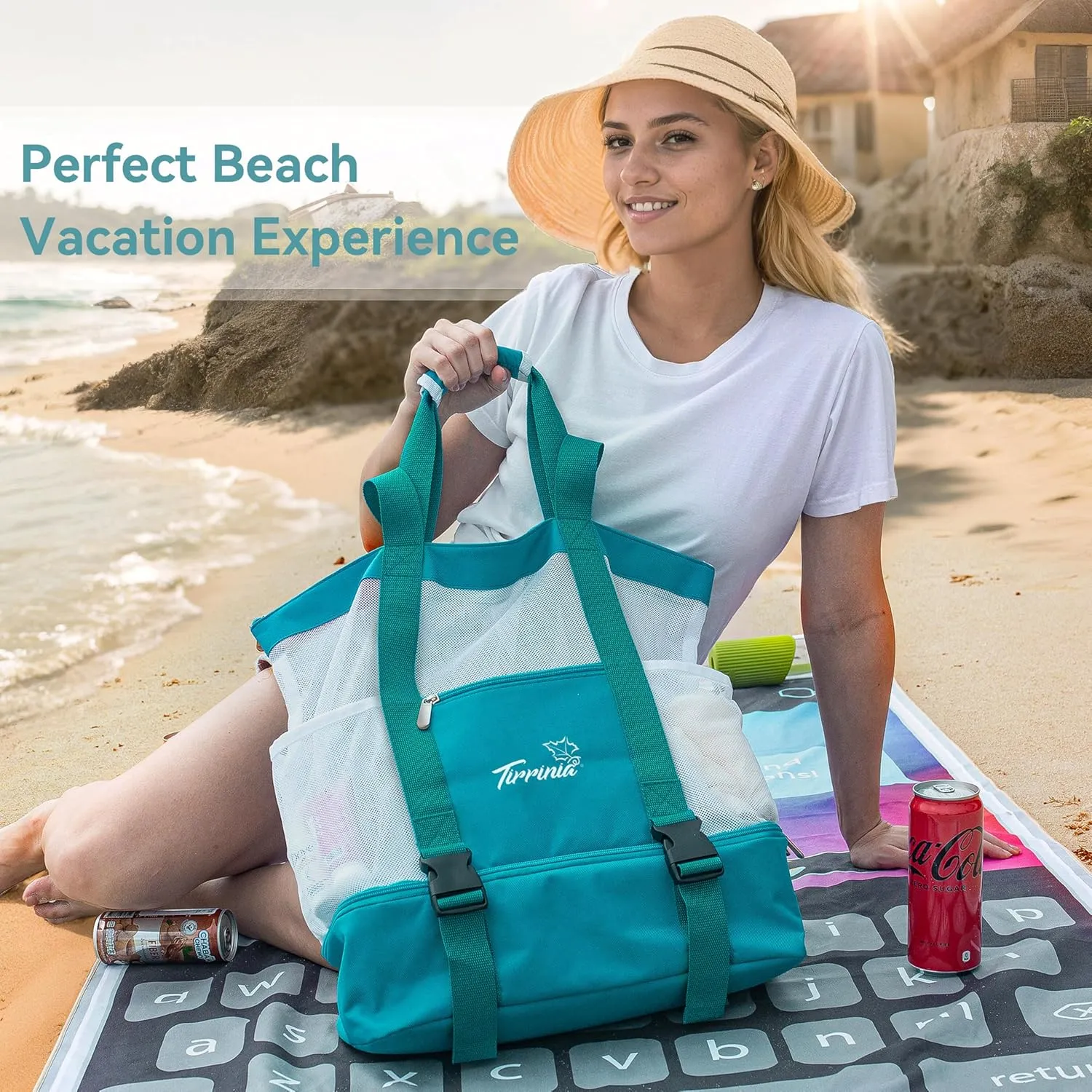 Tirrinia Mesh Beach Bag with Cooler Compartment, Extra Large Totes for Beach Travel, Functional Fashion Beach Bag for Women