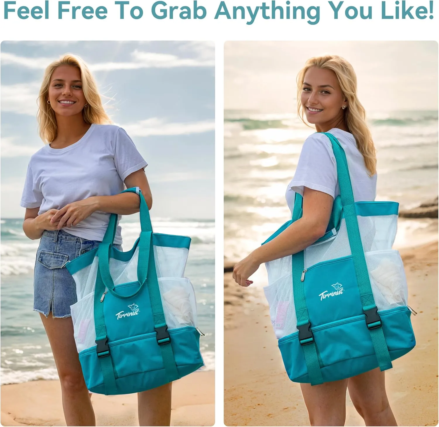 Tirrinia Mesh Beach Bag with Cooler Compartment, Extra Large Totes for Beach Travel, Functional Fashion Beach Bag for Women
