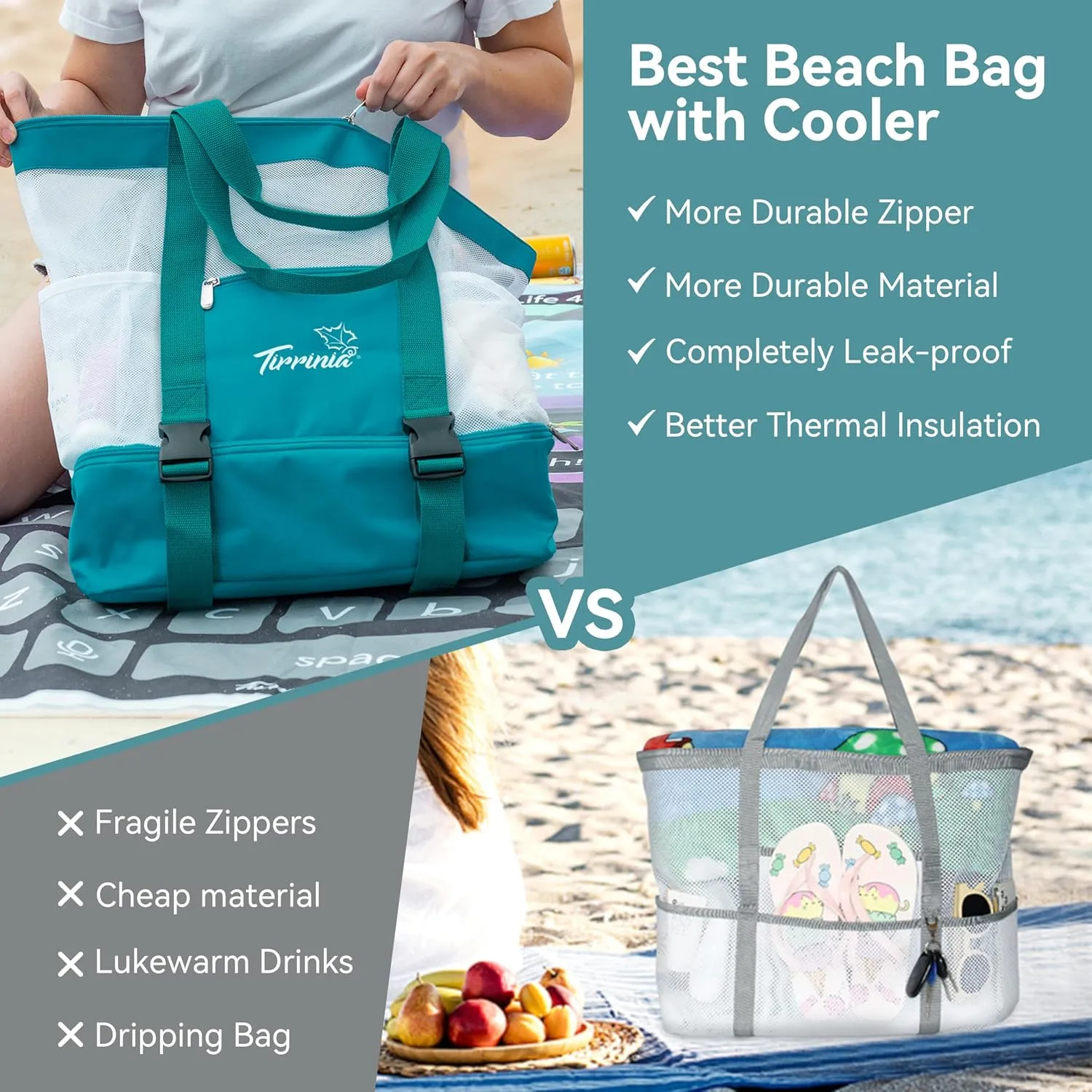 Tirrinia Mesh Beach Bag with Cooler Compartment, Extra Large Totes for Beach Travel, Functional Fashion Beach Bag for Women