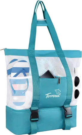Tirrinia Mesh Beach Bag with Cooler Compartment, Extra Large Totes for Beach Travel, Functional Fashion Beach Bag for Women
