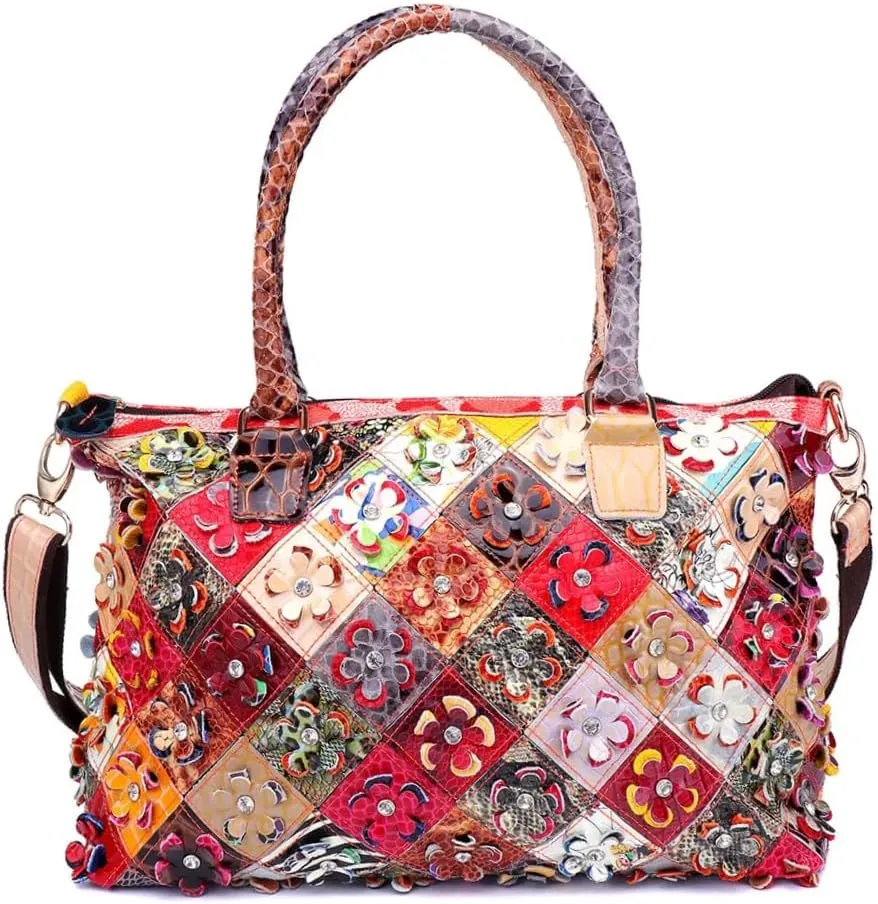 Women Multicolor 3D Flowers Handbag Patent Leather Shoulder Purse Snake Print Colorful Patchwork Crossbody Satchel