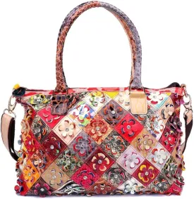 Women Multicolor 3D Flowers Handbag Patent Leather Shoulder Purse Snake Print Colorful Patchwork Crossbody Satchel
