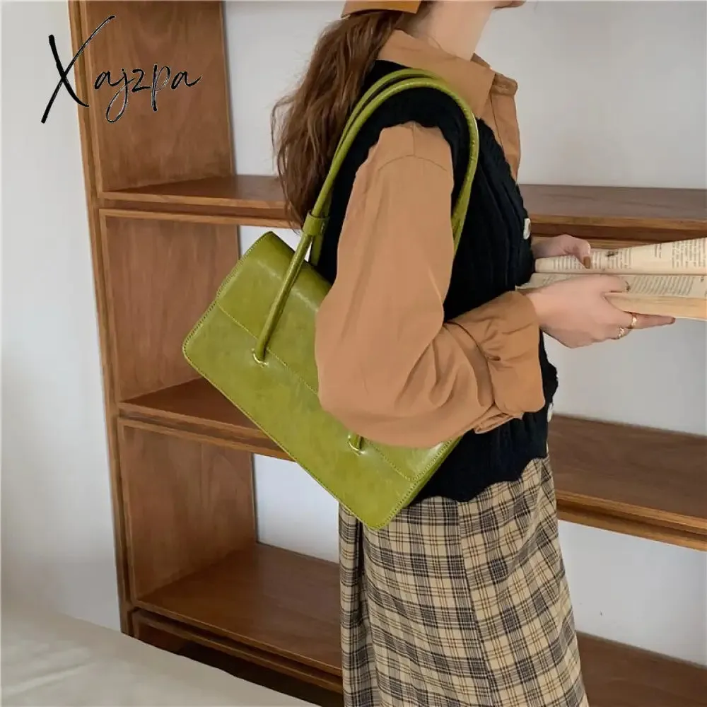 Xajzpa - Retro Simple Women's Underarm Bag Vintage Green Ladies Square Shoulder Bags Winter Fashion Female Tote Purse Top Handle Handbags